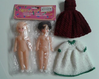 Lot of 2 Vintage Dress Up Dolls With Crochet Dresses, Rooted Hair