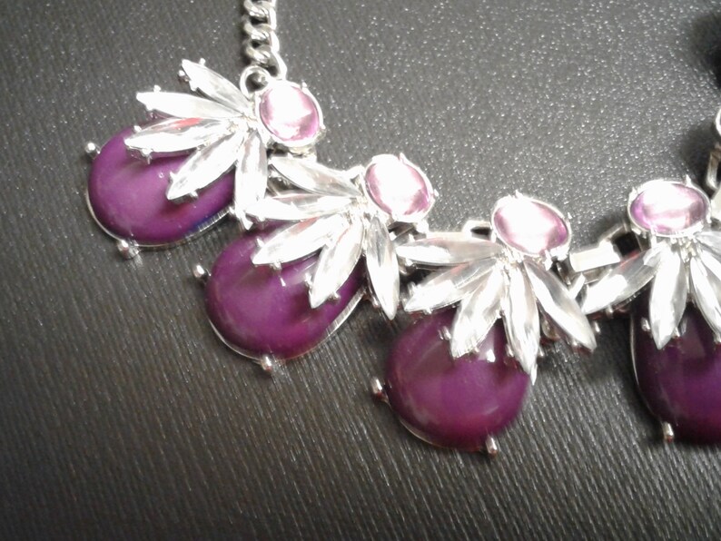 Vintage Clear And Purple Glass Rhinestone Silver Tone Costume Chunky Necklace