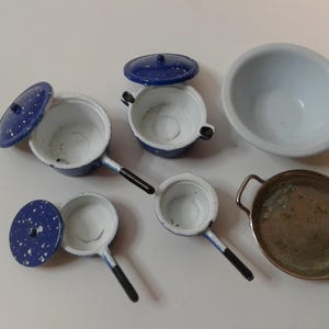 Vintage Dollhouse Miniature Blue Metal/Enamelware Pots Lot