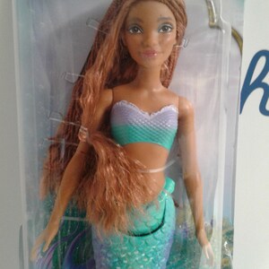 May include: A mermaid doll with long brown braided hair, wearing a teal and purple top and a teal mermaid tail with glitter accents.