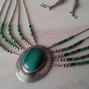 925 Silver Necklace Signed Ella Peter Navajo Design Liquid Silver Malachite Necklace 23 Inch