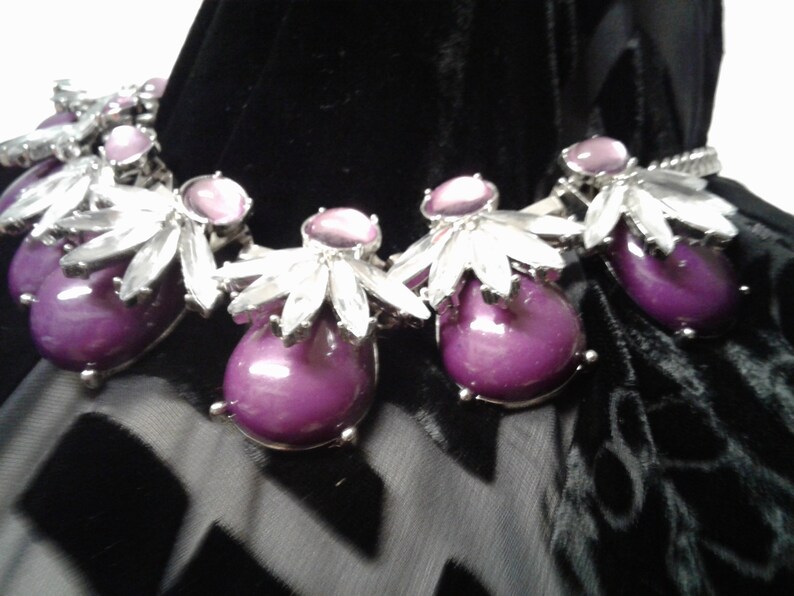 Vintage Clear And Purple Glass Rhinestone Silver Tone Costume Chunky Necklace