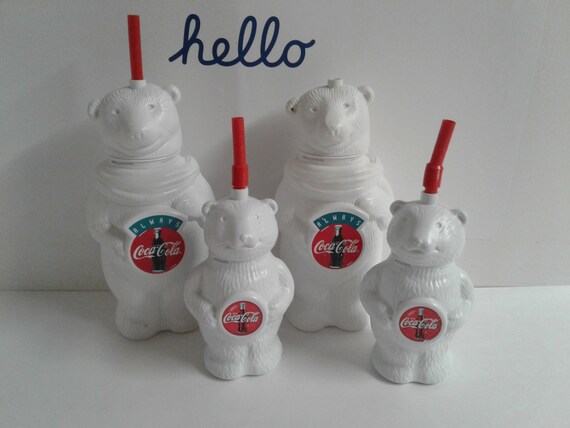 Lot of 4 Vintage Coca Cola Plastic Polar Bear Cups With Straw