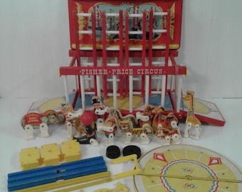 Vintage 1962 Fischer-Preis 900 Zirkus Holzwagen & Tiere Spielset