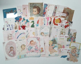 Lote de 70 tarjetas de felicitación vintage de colección con temática infantil/bebé. Usadas.