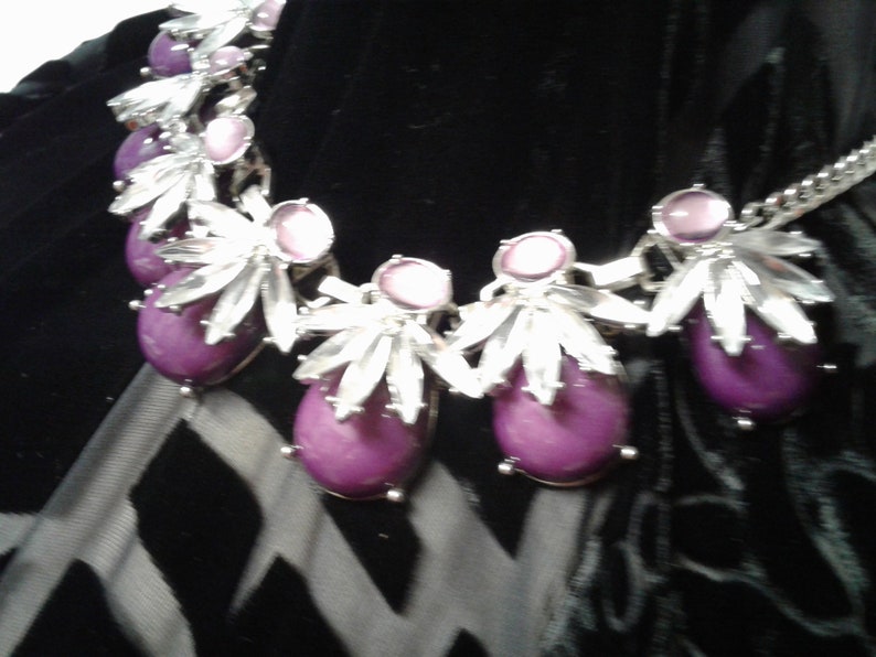 Vintage Clear And Purple Glass Rhinestone Silver Tone Costume Chunky Necklace