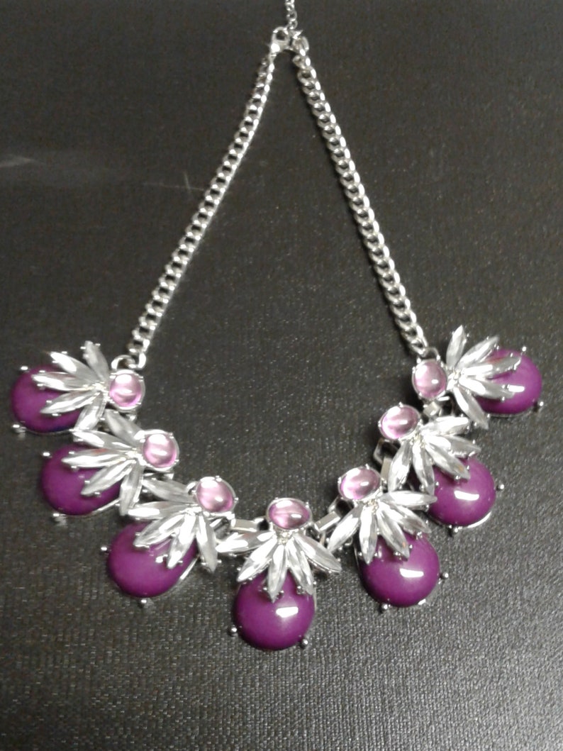 Vintage Clear And Purple Glass Rhinestone Silver Tone Costume Chunky Necklace