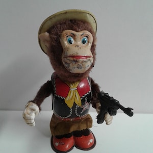 Wind up Monkey the Sheriff Tin Litho Toy Vintage 1960s Japan Works