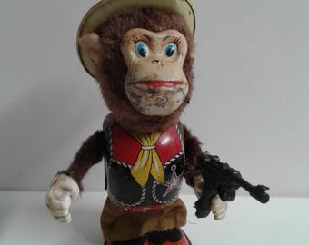 Wind Up Monkey The Sheriff Tin Litho Toy Vintage 1960s Japan Works!