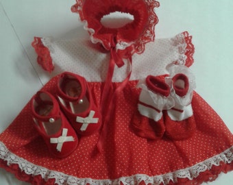 Vestido de muñeca con lunares rojos, tocado, zapatos de terciopelo y medias para muñecas de 16 a 18 pulgadas.