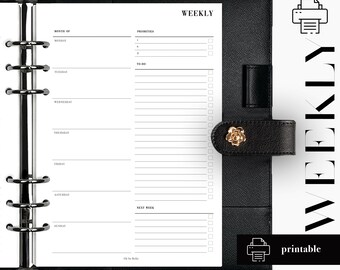 May include: Printable weekly planner page with a black and white design. The page includes sections for "Month of", "Priorities", "To-Do", and "Next Week".