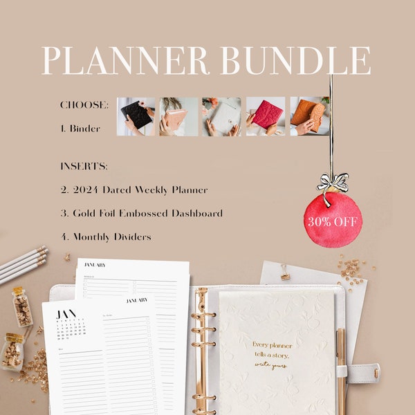 Dated Planner Bundle | Weekly & Monthly Dividers | Custom Binder Colour | Vegan Leather | Gift for Her