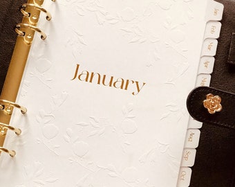 A5 Jan - Dec Monthly Dividers |EMBOSSED FLORAL DESIGN| for Organisers/Planners | dividers | gold foil tabs | 12 intercalaire a5