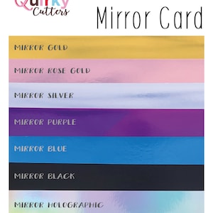 May include: A card showing different colors of mirror cardstock. The colors are gold, rose gold, silver, purple, blue, black, and holographic.