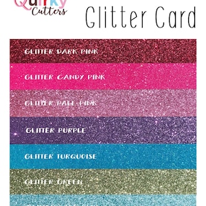 May include: A variety of glitter cardstock in different colors, including dark pink, candy pink, pale pink, purple, turquoise, green, and pale blue. The cardstock is arranged in rows, with the color name printed above each row.