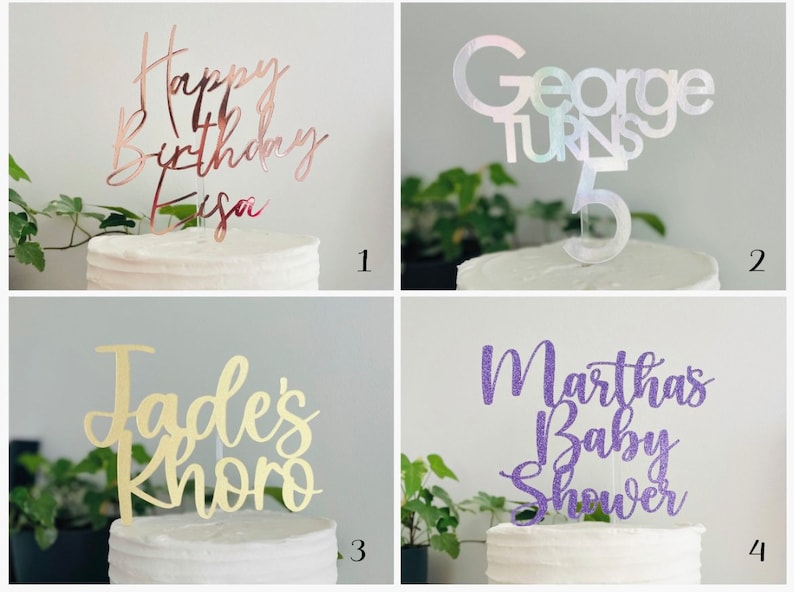 May include: Four cake toppers with different designs and colors. The first topper says "Happy 4th Birthday Eisa" in rose gold glitter. The second topper says "George Turns 5" in iridescent glitter. The third topper says "Jades Khoro" in gold glitter. The fourth topper says "Marthas Baby Shower" in purple glitter.