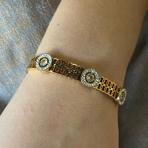Gold Filled Vintage Bracelet Zirconia Stones, Steel Chunky Bracelet, Dainty Christmas Gift for Her, Boho Chain Bracelet, Anniversary Gift