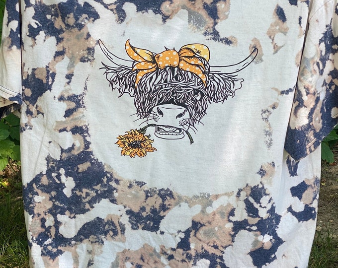 Highland Cow Cowhide T-shirt, Bleached T-shirt, T-shirt, Cowhide, 50/50 Blend, Handmade, highland cow with sunflower, yellow bow