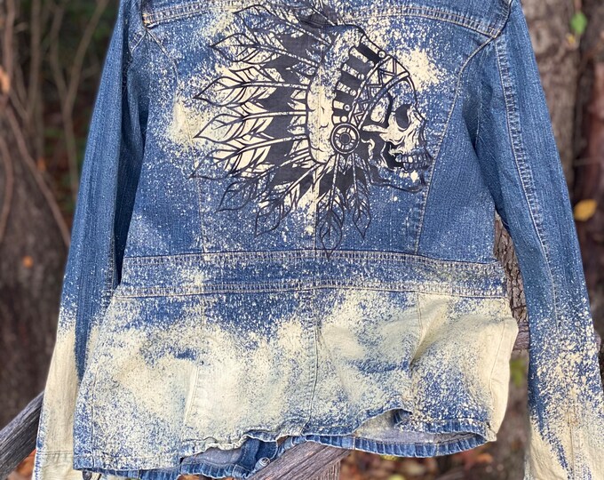 Bleached Jean Jacket, Indian head dress back of Jean Jacket, Handmade, unique, fast shipping Size XL