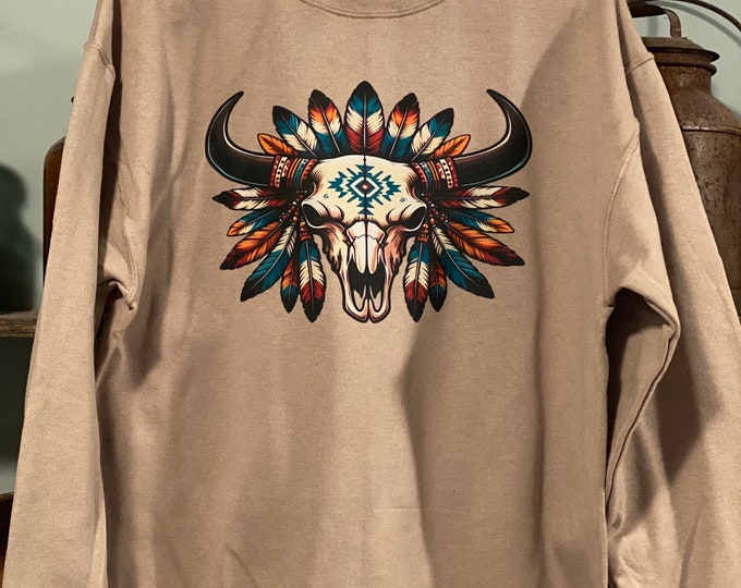 Longhorn skull with feathers, 50/50 blend sweatshirt or hoodie Unisex sizes, Cow lovers trending Sweatshirt, turquoise feathers