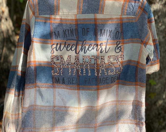 Distressed Bleached Flannel, Blue and Tan Flannel, Bleached Flannel, Womens Small repurposed flannel. Funny saying on the back