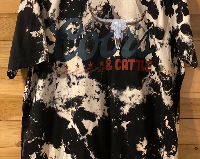 Coors and cattle Black and White Cowhide T-shirt, Bleached Black T-shirt, Black and White Cowhide, 50/50 blend, Trending, longhorn