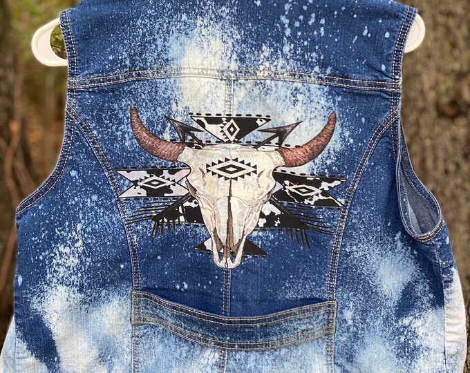 Distressed Bleached Blue Jean Vest,   Blue Jean women’s XL Vest, Longhorn Aztec bull design