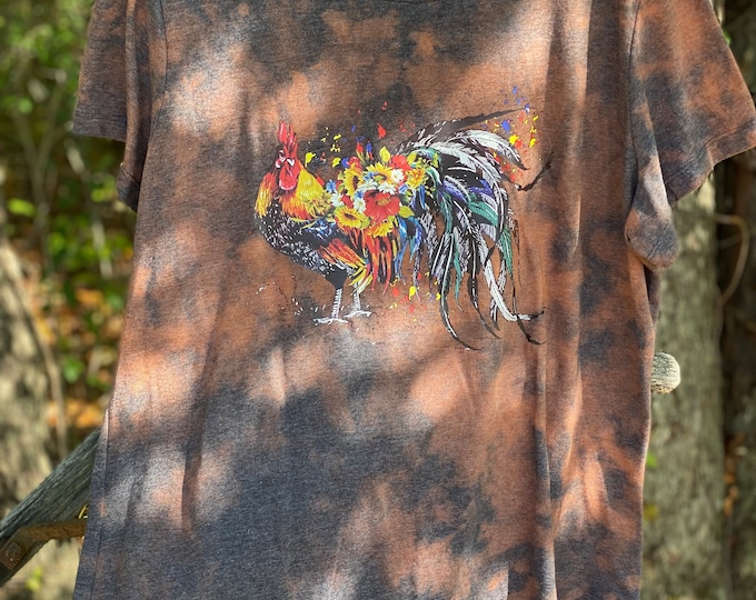 Black and Rust Bleached T-shirt, Brand 50/50, Hand Bleached, fast shipping, Big Rooster with flowers on Front