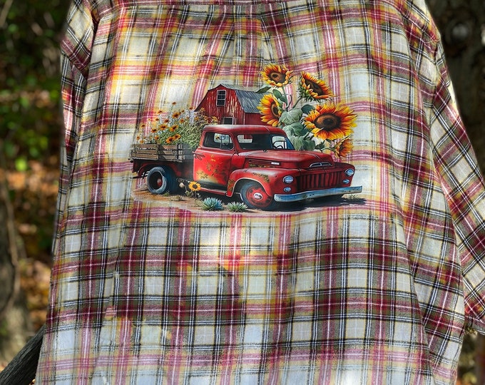 Bleached Distressed Flannel, Mens 4XLarge Repurposed with old Red truck and sunflowers print on the back, Color Red, Green and white