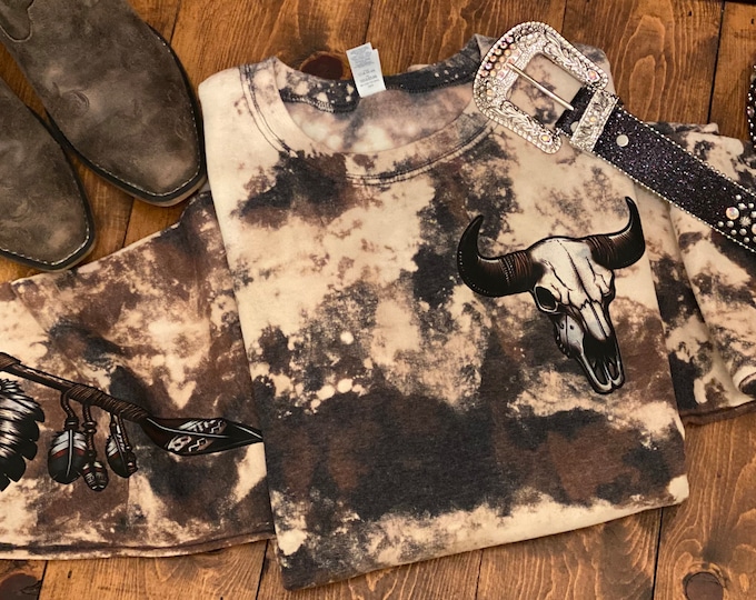 Longhorn skull on the frontCowhide Sweatshirt, Bleached sweatshirt, Sweatshirt, Cowhide, 50/50 blend, Trending, arrow/ feathers on sleeve