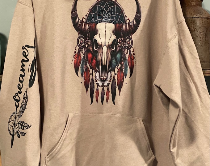 Longhorn skull with dream catch with feathers, 50/50 blend sweatshirt or hoodie Unisex sizes, Cow lovers trending Sweatshirt,