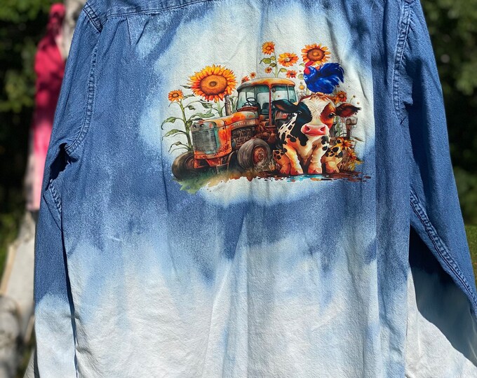 Bleached Blue Jean shirt, Distressed Shirt, Mens XLarge Repurposed with baby cow old tractor on the back,