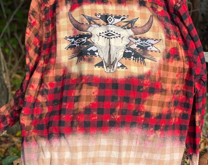 Red and Black Bleached Flannel, Distressed Flannel Men’s 2XL Repurposed Flannel, Aztec longhorn on the back