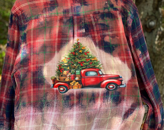 Bleached Flannel, Distressed Flannel Men’s large Repurposed Flannel, old vintage Red Christmas truck, Blue, Green and Red