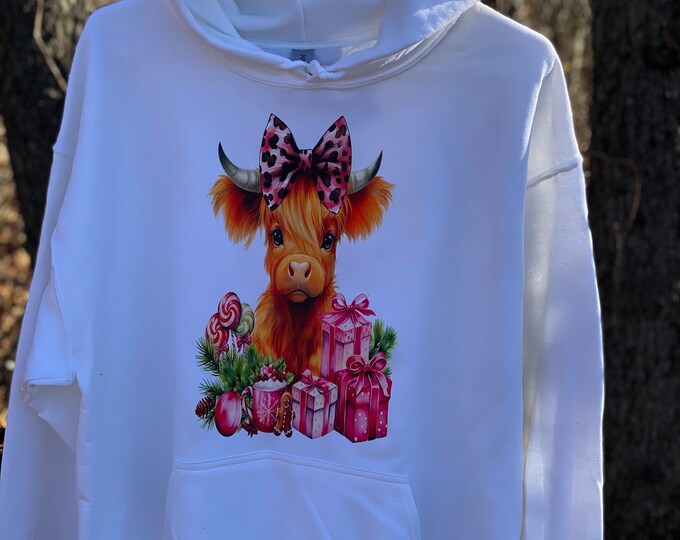 Baby Highland Christmas Cow, Black and Pink, 50/50 Blend, Soft Sweatshirt, fast shipping, cow lovers, Highland Cow, Color White