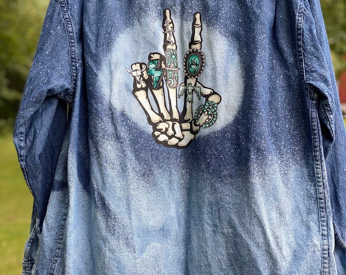 Bleached Blue Jean shirt, Distressed Shirt, Mens Medium Repurposed skeleton hand with turquoise rings on the back,