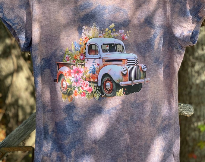Blue and Purple Bleached T-shirt, Brand 50/50, Hand Bleached, fast shipping, Old Light Purple Truck with flowers