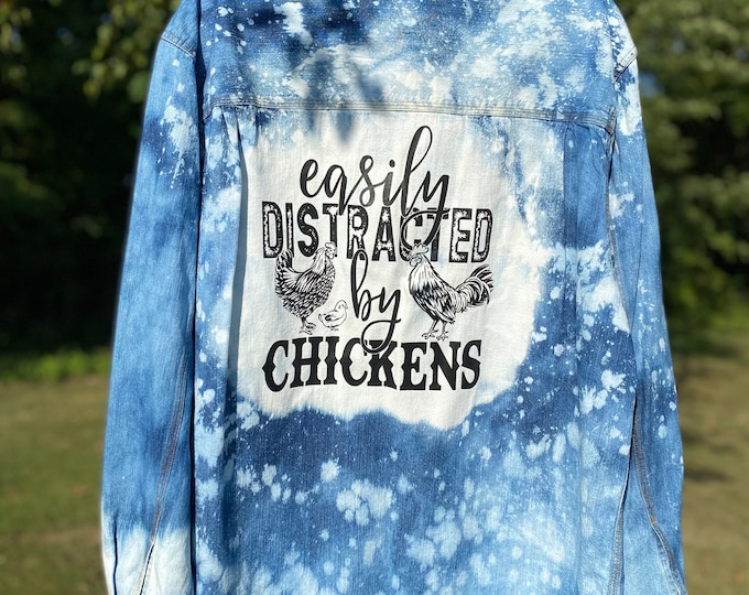 Bleached blue Jean Shirt , Distressed Blue jean Shirt, Women’s XLTall Vintage, Repurposed, easily distracted by chickens screen print