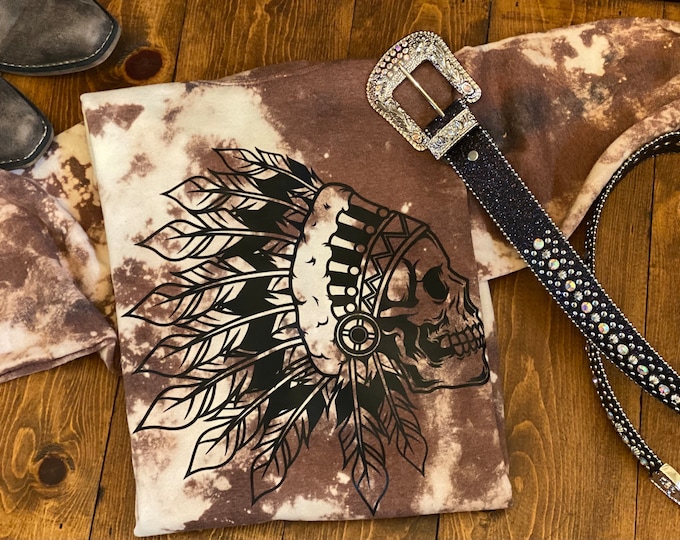 Indian Headdress with skull Western theme, cowboy, Trending, Soft 50/50 blend, great unique gift, Bleached Brown cowhide