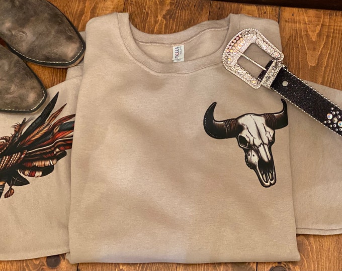 Arrow with feathers, 50/50 blend sweatshirt or hoodie Unisex sizes, longhorn skull