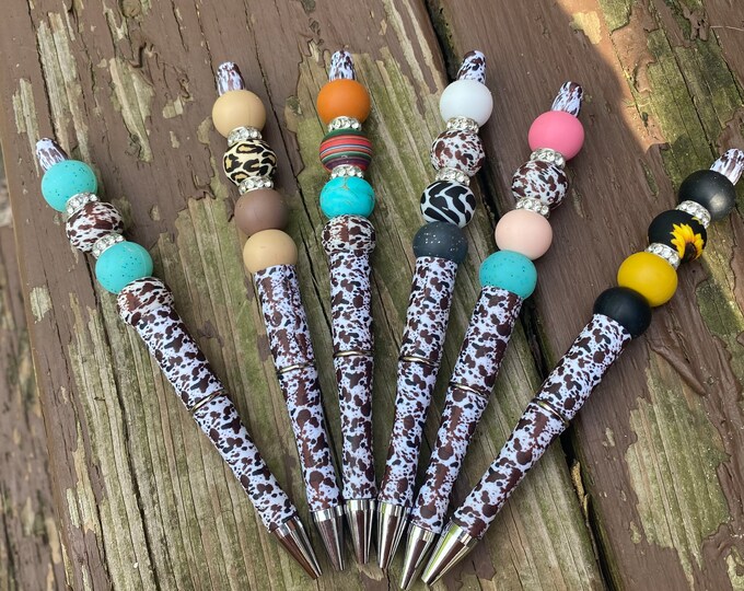 Silicon beaded ball point cowhide pens, silicon beads, western theme pens, unique gifts, Handmade, free shipping, ball point pen