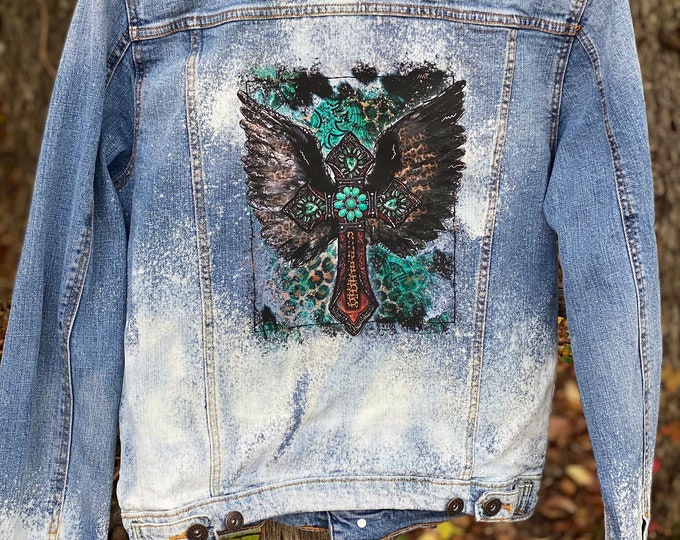 Bleached blue Jean Jacket Distressed Blue jean Jacket women’s Small,  angel wings with cross on the back