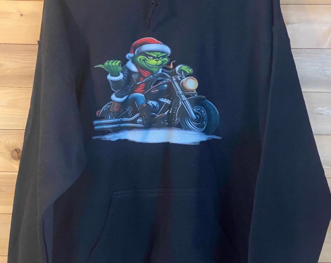 Green guy on a motorcycle, Christmas Sweatshirt, unique Christmas Sweatshirt, Great gift, Sweatshirt/ Hoodie  Khaki, Black, motorcycle shirt