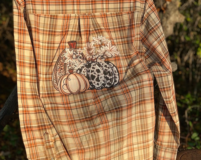 Bleached Dress shirt, Distressed Shirt, Mens Medium Repurposed with Fall Pumpkins  print on the back, Cool Dress shirt won’t make you hot