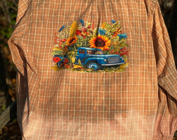 Bleached Dress shirt, Distressed Shirt, Mens XL Repurposed with Old Blue Truck print on the back, Cool Dress shirt won’t make you hot