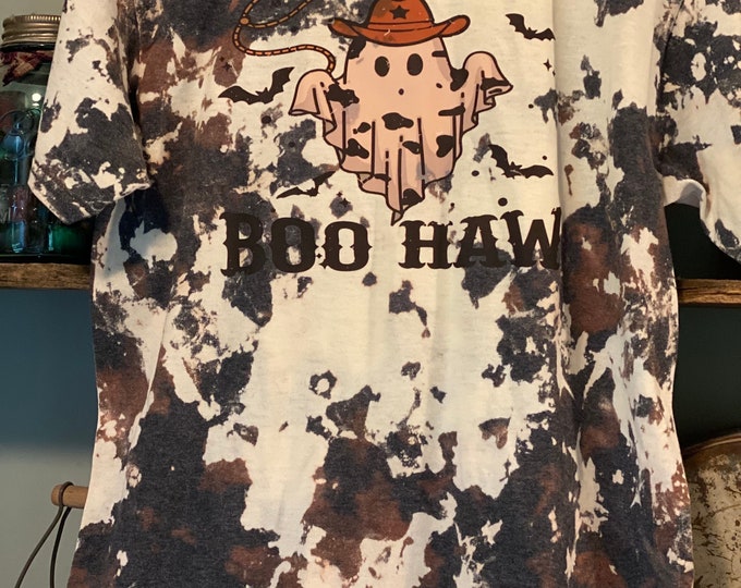 Cowboy Ghost Cowhide Sweatshirt or T-Shirt Bleached, Sweatshirt, T- Shirt, Cowhide, 50/50 Blend, Handmade, Halloween, Trending