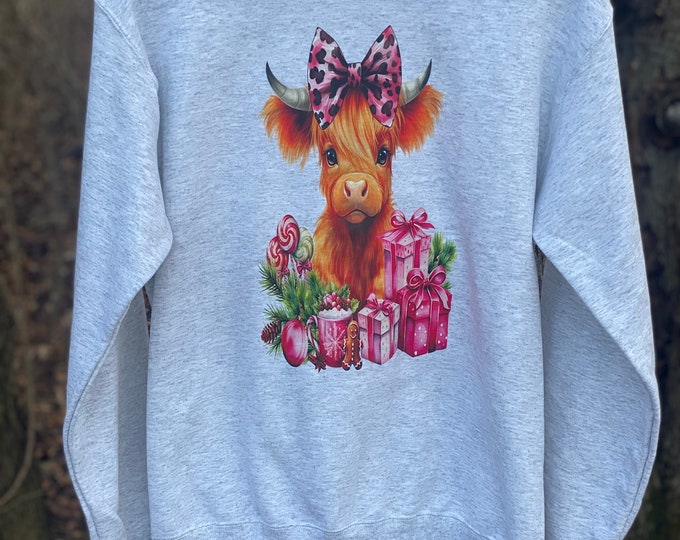 Baby Highland Christmas Cow, Black and Pink, 50/50 Blend, Soft Sweatshirt, fast shipping, cow lovers, Highland Cow, Color gray