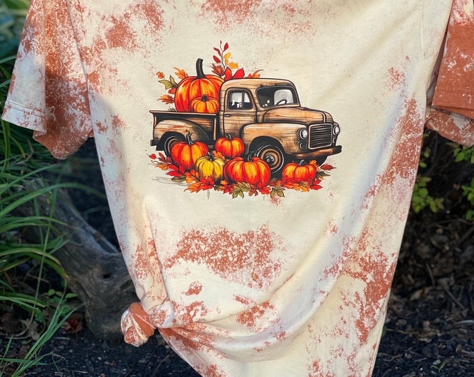 Fall Old Truck with Pumpkins Bleached t-shirt or Long Sleeve T-shirts, Handmade, Bleach Orange and white  t-shirt or sweatshirt, Fall shirt,