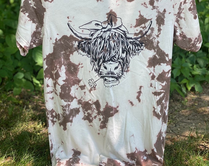 Highland Cow Cowhide T-shirt, Bleached T-shirt, T-shirt, Cowhide, 50/50 Blend, Handmade,