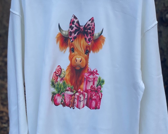 Baby Highland Christmas Cow, Black and Pink, 50/50 Blend, Soft Sweatshirt, fast shipping, cow lovers, Highland Cow, Color White